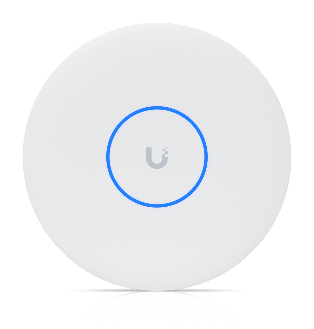 UniFi U7 Pro XG access point, front face with thin bright-blue LED ring and Ubiquiti U logo
